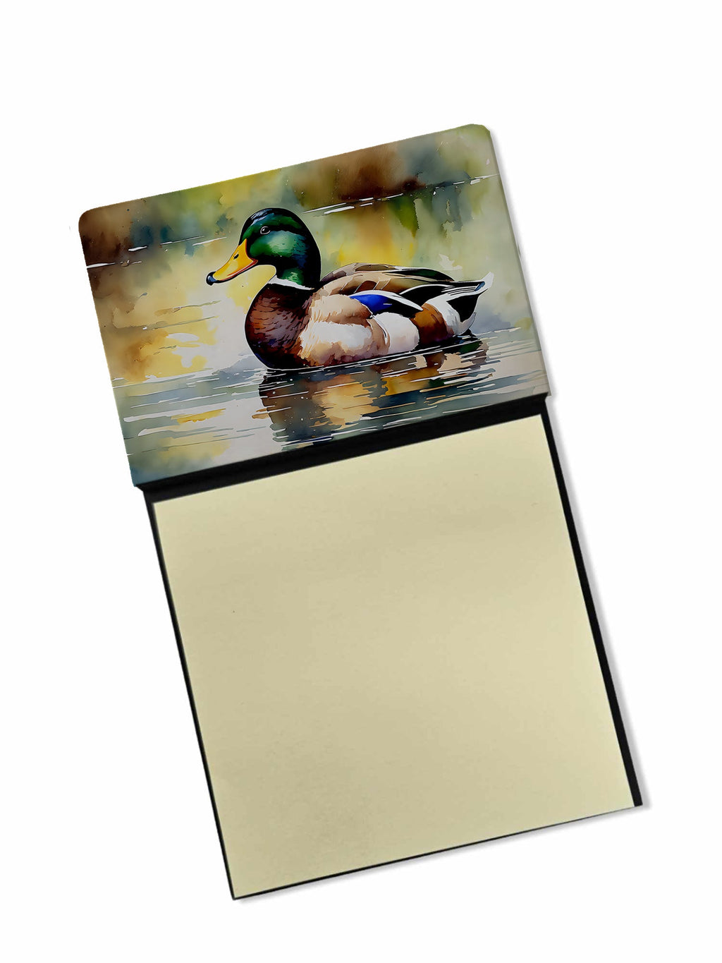 Mallard Duck Floating Pond Reflection Watercolor Sticky Note Holder Refillable Dispenser Desk Accessory 3x3 Pad Gift