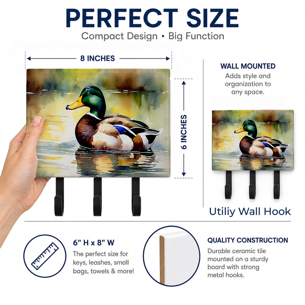 Mallard Duck Floating Pond Reflection Leash or Key Holder Wall Hooks, Coat Rack Wall Mount, for Hanging Keys, Towels, Aprons, Leashes