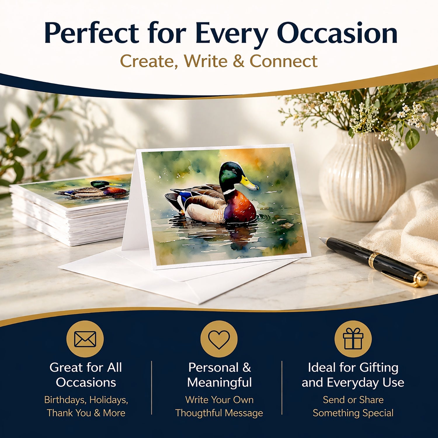 Mallard Duck Swimming Pond Scene Greeting Cards Pack of 8 Blank Cards with Envelopes Whimsical A7 Size 5x7