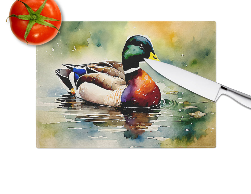Mallard Duck Swimming Pond Scene Cutting Board Tempered Glass Kitchen Cutting Surface, Heat Resistant Chopping, Non-Slip Feet, Food Prep & Serving