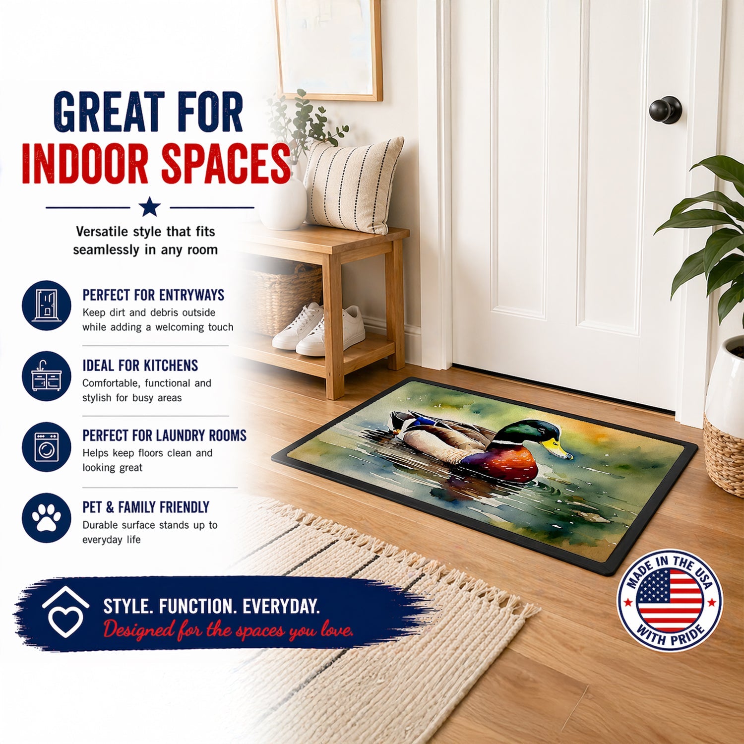 Mallard Duck Swimming Pond Scene Doormat Indoor Outdoor 18H X 27W Front Door Mat Rugs for Entryway, Non Slip Washable