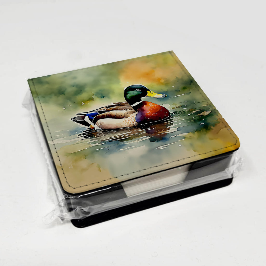 Mallard Duck Swimming Pond Scene PU Leather Note Paper Holder with Artist-Designed Cover, Desk Accessory, Office Gift