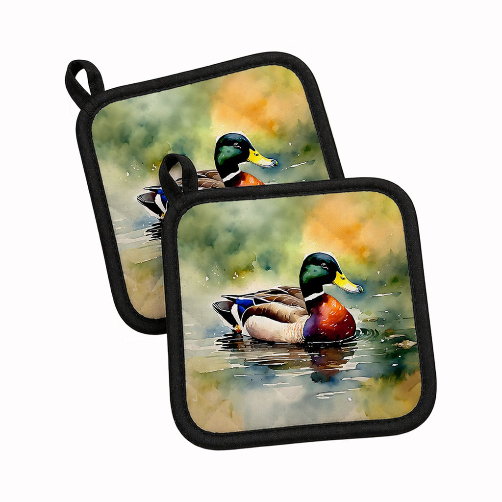 Mallard Duck Swimming Pond Scene Pot Holder Set of 2 Heat Resistant Quilted Hot Pads 7.5 x 7.5 Inch, Insulated Kitchen Trivets for Cooking & Baking