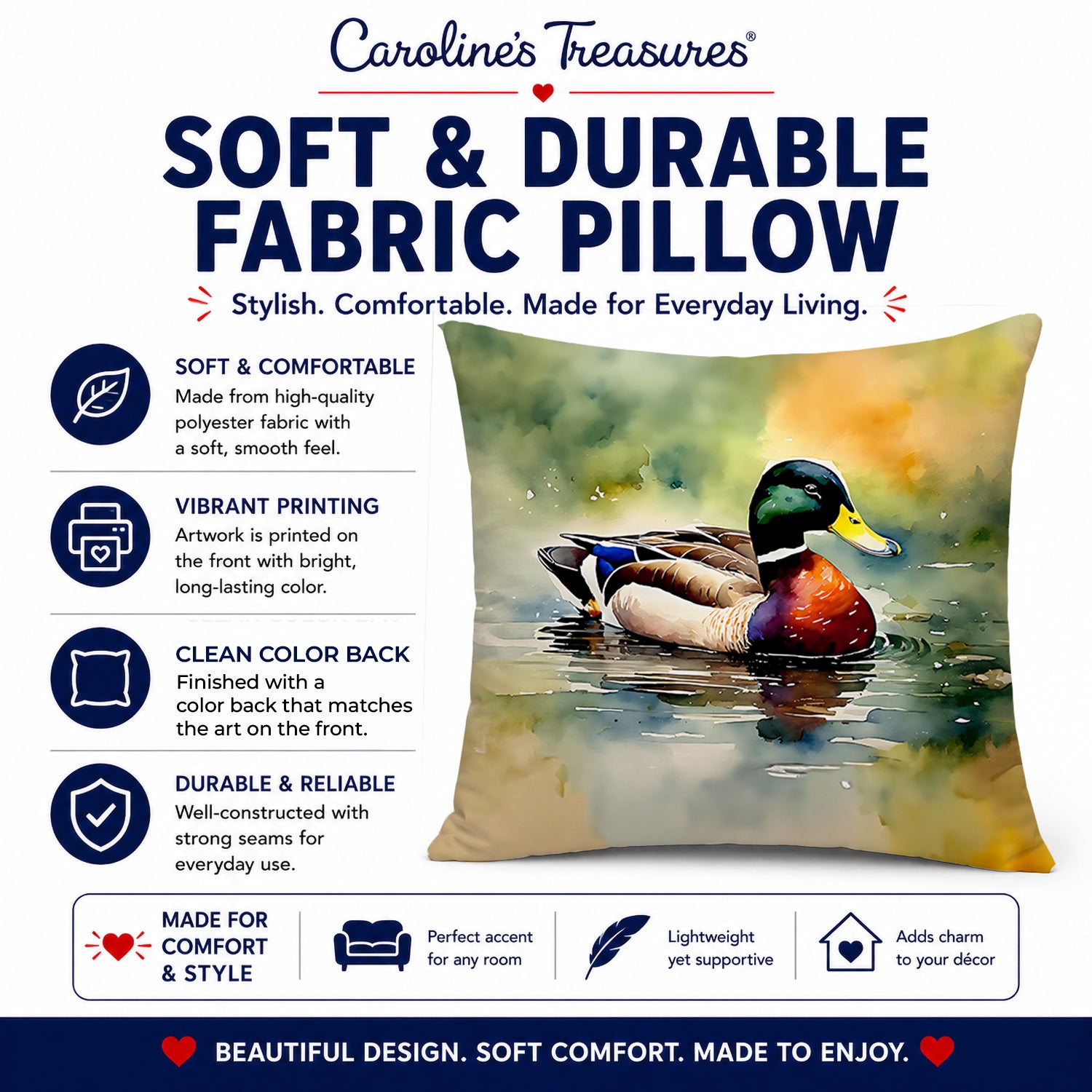 Mallard Duck Swimming Pond Scene Decorative Throw Pillow 14x14 Indoor Outdoor Accent Cushion, Fabric Cover with Insert for Sofa, Bed, Porch & Living Room