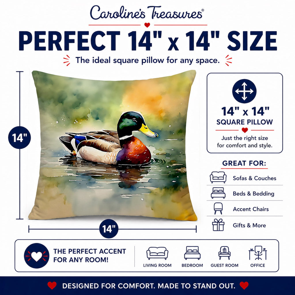 Mallard Duck Swimming Pond Scene Decorative Throw Pillow 14x14 Indoor Outdoor Accent Cushion, Fabric Cover with Insert for Sofa, Bed, Porch & Living Room