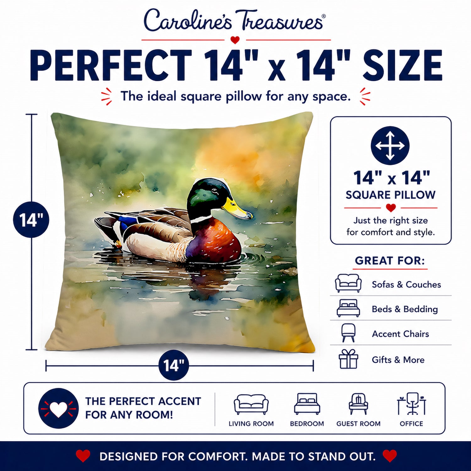 Mallard Duck Swimming Pond Scene Decorative Throw Pillow 14x14 Indoor Outdoor Accent Cushion, Fabric Cover with Insert for Sofa, Bed, Porch & Living Room