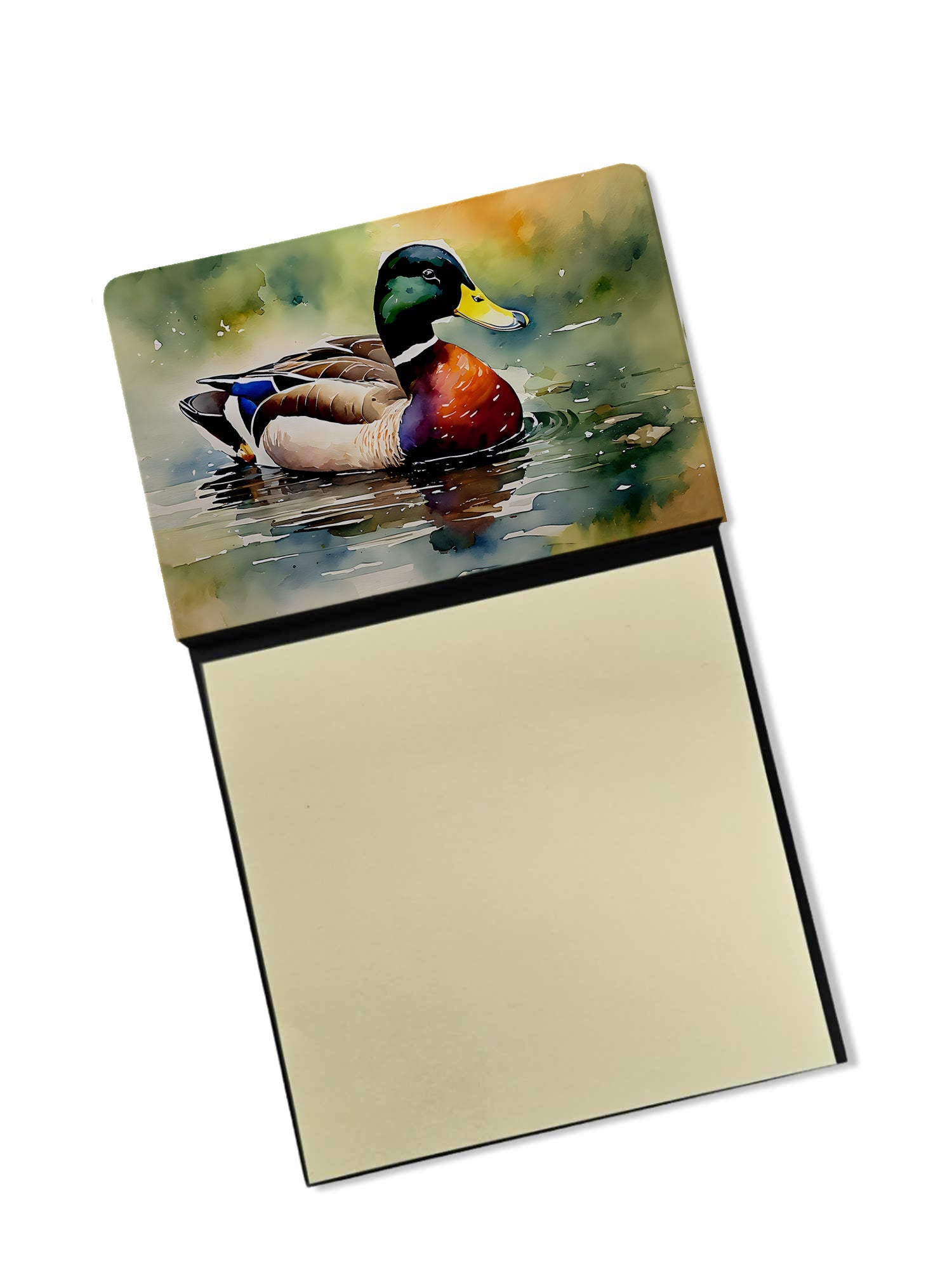 Mallard Duck Swimming Pond Scene Watercolor Sticky Note Holder Refillable Dispenser Desk Accessory 3x3 Pad Gift