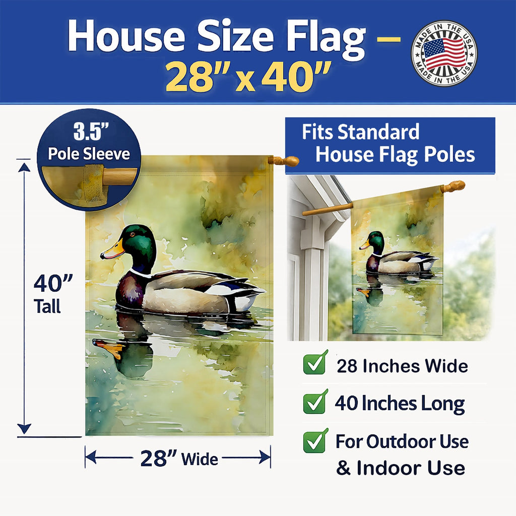 Mallard Duck Side Profile House Flag 28x40 Porch Sleeve Pole Decorative Outside Yard Banner Artwork Wall Hanging, Polyester