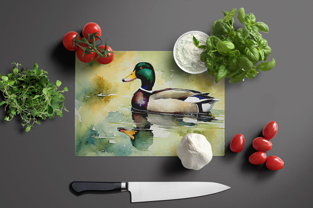 Mallard Duck Side Profile Cutting Board Tempered Glass Kitchen Cutting Surface, Heat Resistant Chopping, Non-Slip Feet, Food Prep & Serving