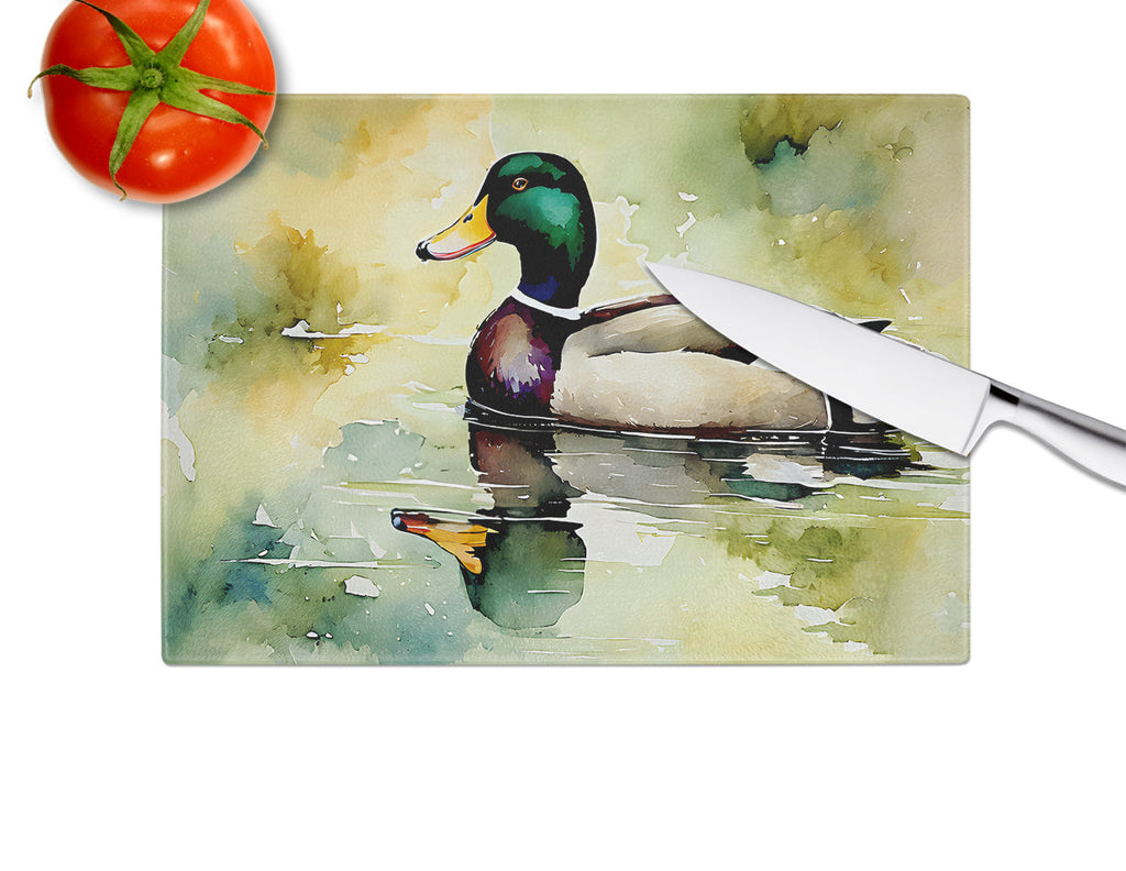 Mallard Duck Side Profile Cutting Board Tempered Glass Kitchen Cutting Surface, Heat Resistant Chopping, Non-Slip Feet, Food Prep & Serving