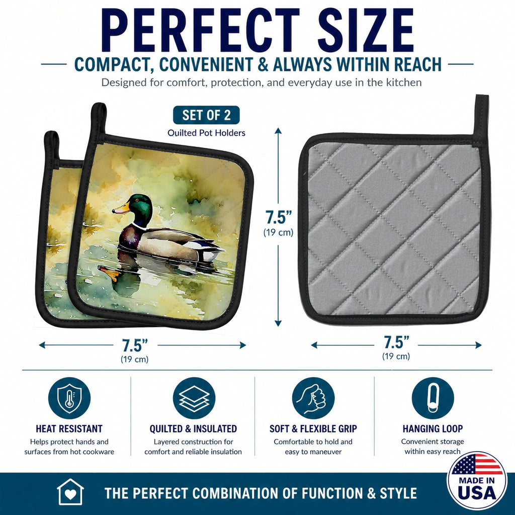 Mallard Duck Side Profile Pot Holder Set of 2 Heat Resistant Quilted Hot Pads 7.5 x 7.5 Inch, Insulated Kitchen Trivets for Cooking & Baking