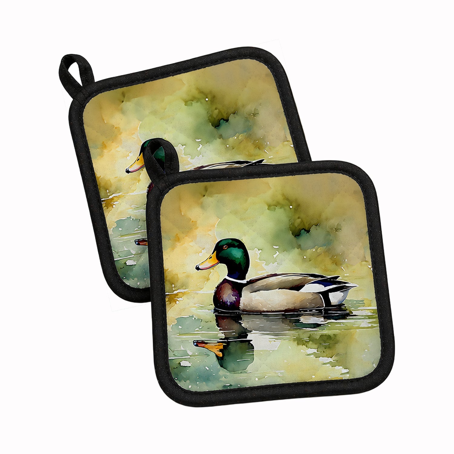 Mallard Duck Side Profile Pot Holder Set of 2 Heat Resistant Quilted Hot Pads 7.5 x 7.5 Inch, Insulated Kitchen Trivets for Cooking & Baking