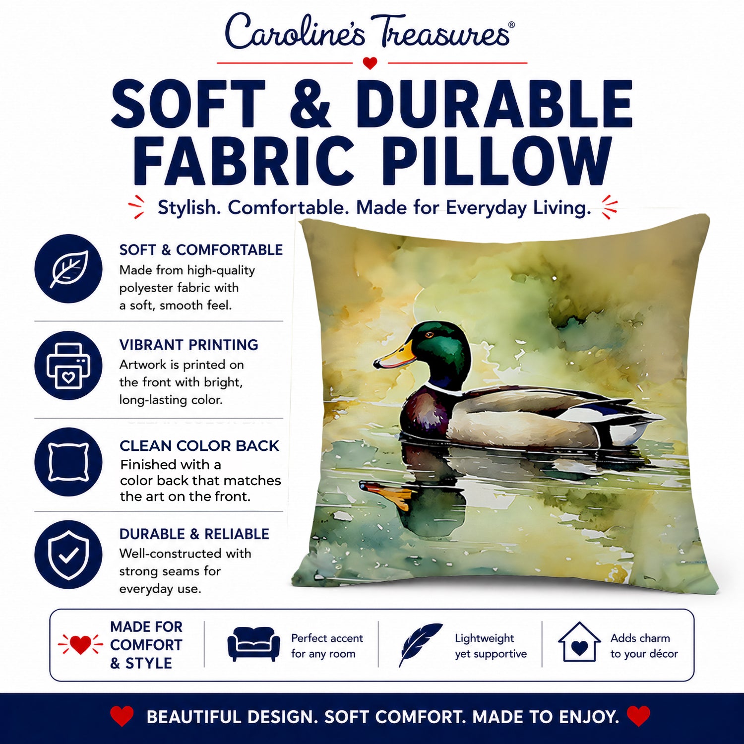 Mallard Duck Side Profile Decorative Throw Pillow 18x18 Indoor Outdoor Accent Cushion, Fabric Cover with Insert for Sofa, Bed, Porch & Living Room