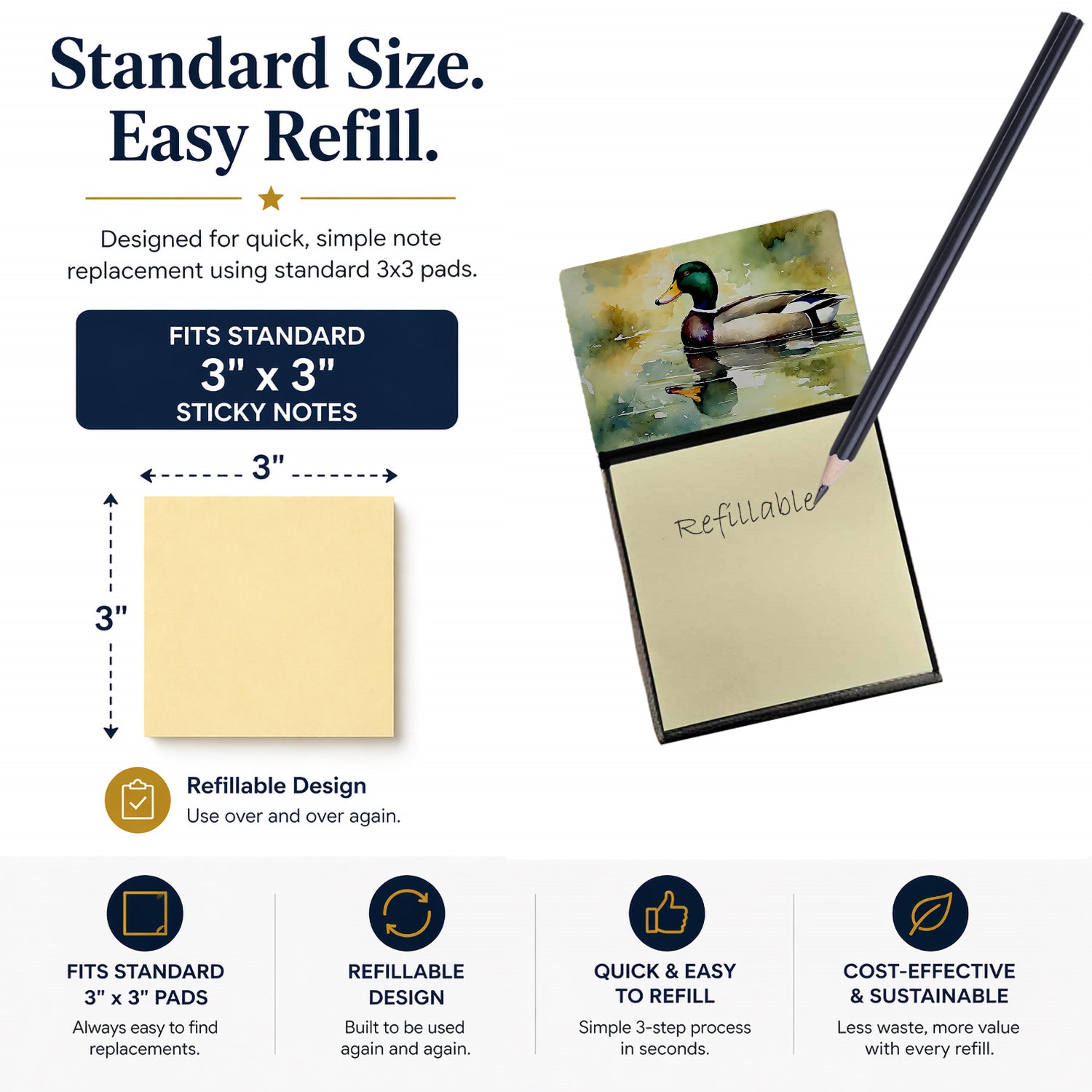 Mallard Duck Side Profile Watercolor Sticky Note Holder Refillable Dispenser Desk Accessory 3x3 Pad Gift