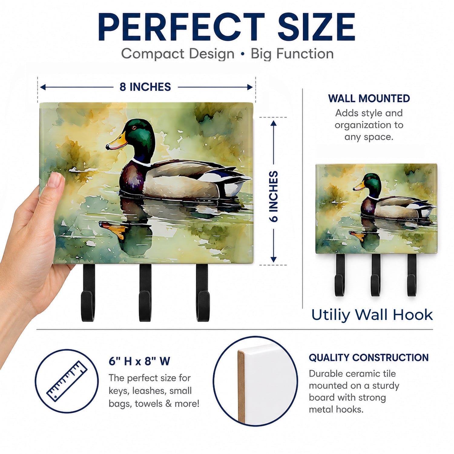 Mallard Duck Side Profile Leash or Key Holder Wall Hooks, Coat Rack Wall Mount, for Hanging Keys, Towels, Aprons, Leashes
