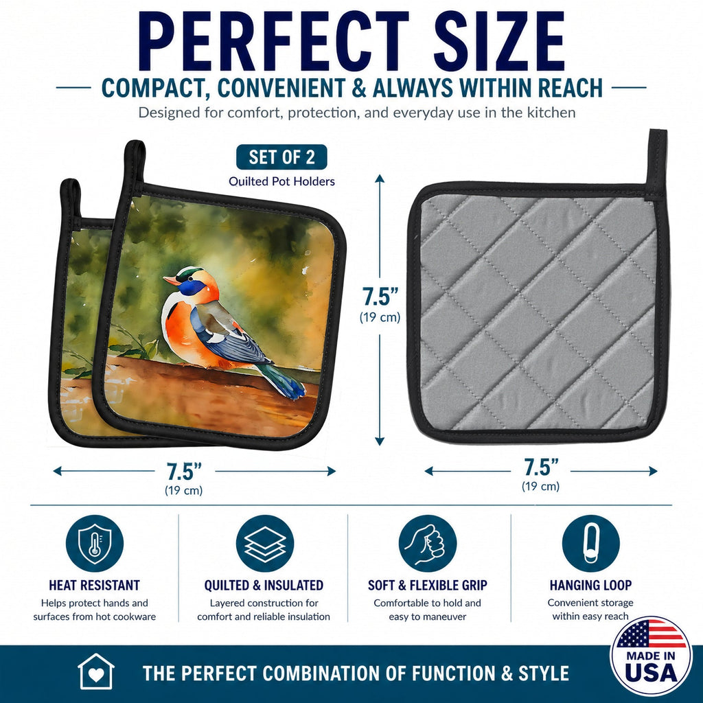 Mandarin Duck Pot Holder Set of 2 Heat Resistant Quilted Hot Pads 7.5 x 7.5 Inch, Insulated Kitchen Trivets for Cooking & Baking