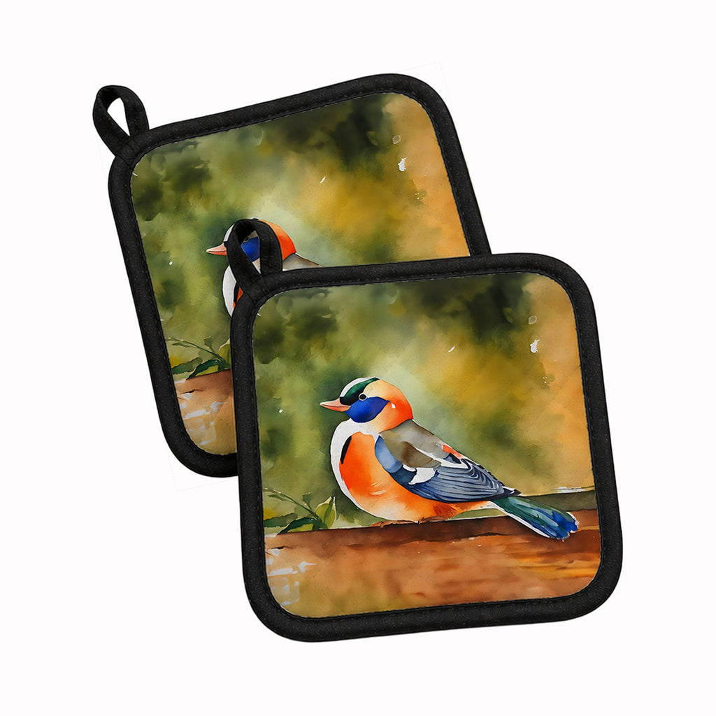 Mandarin Duck Pot Holder Set of 2 Heat Resistant Quilted Hot Pads 7.5 x 7.5 Inch, Insulated Kitchen Trivets for Cooking & Baking