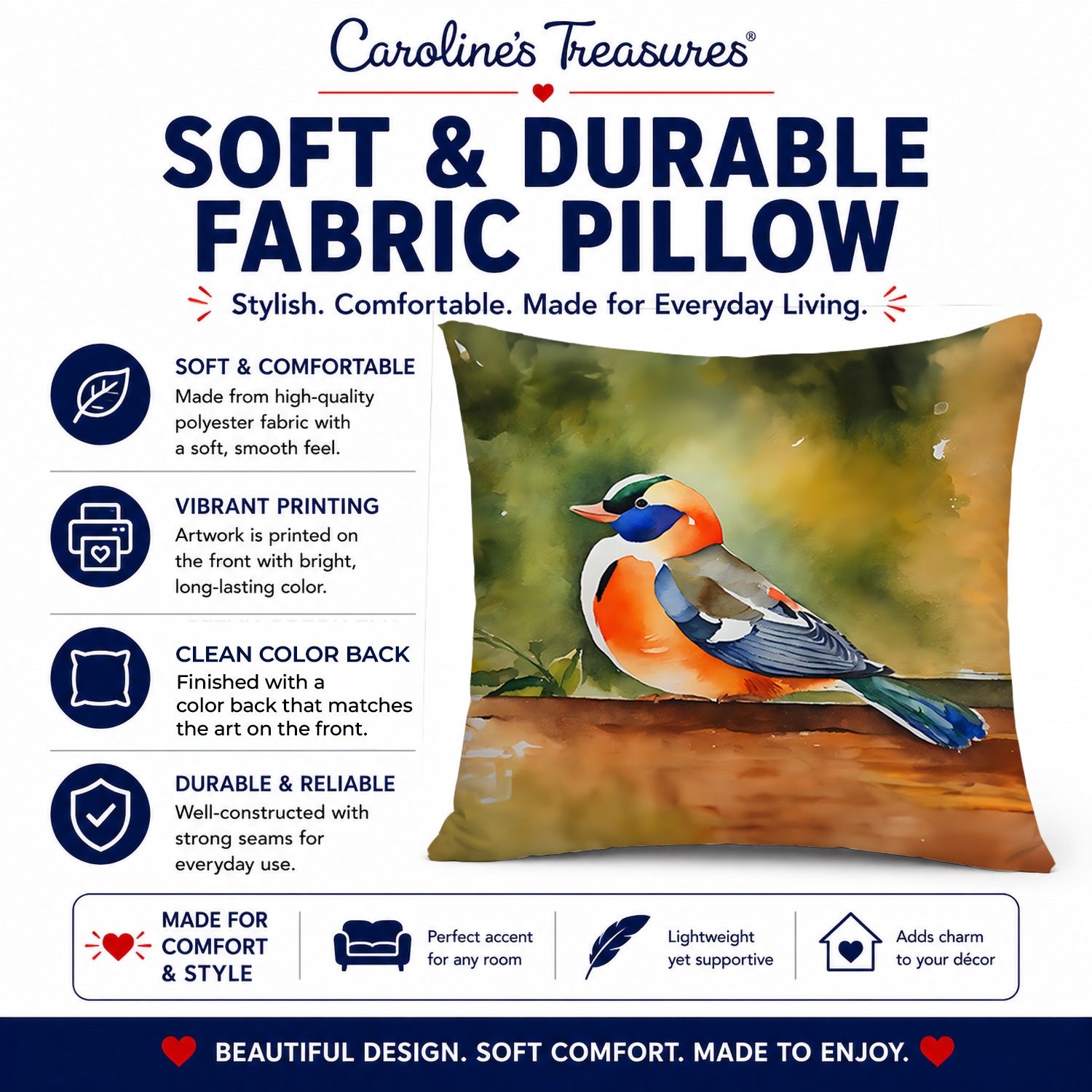 Mandarin Duck Decorative Throw Pillow 14x14 Indoor Outdoor Accent Cushion, Fabric Cover with Insert for Sofa, Bed, Porch & Living Room