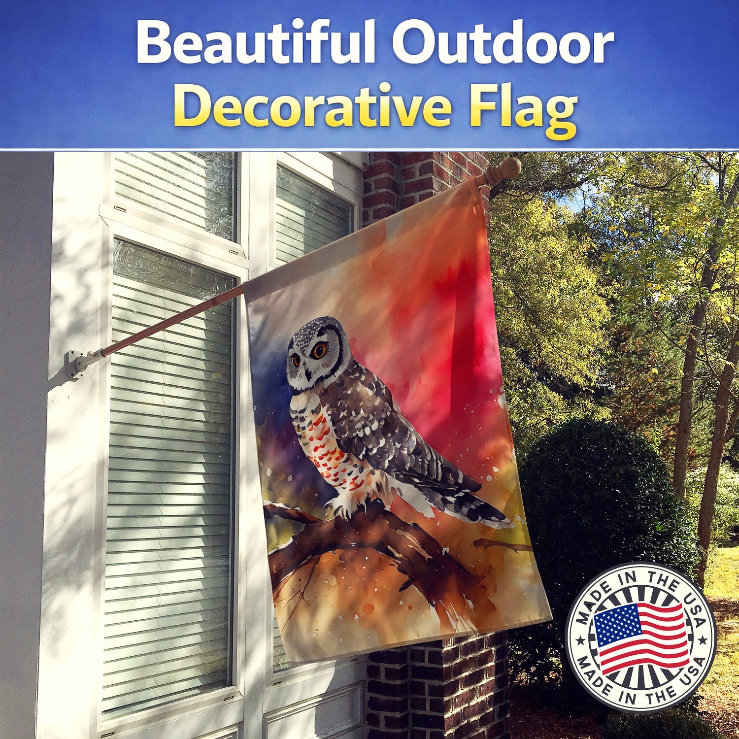 Northern Hawk Owl Perched Branch House Flag 28x40 Porch Sleeve Pole Decorative Outside Yard Banner Artwork Wall Hanging, Polyester