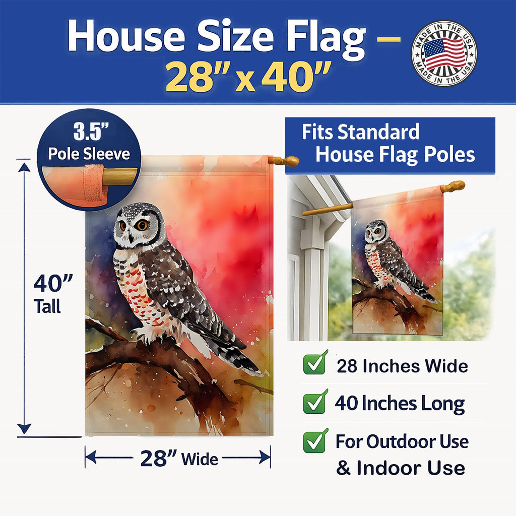 Northern Hawk Owl Perched Branch House Flag 28x40 Porch Sleeve Pole Decorative Outside Yard Banner Artwork Wall Hanging, Polyester