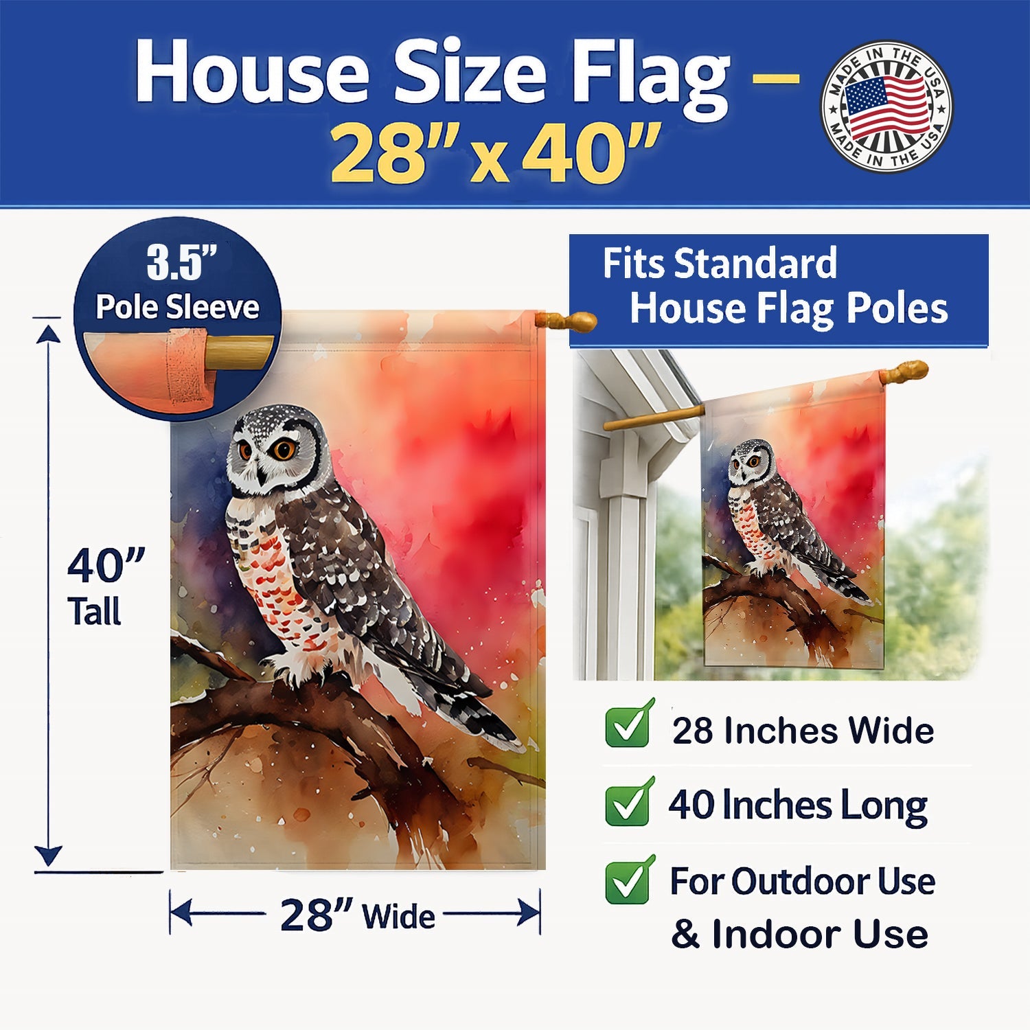 Northern Hawk Owl Perched Branch House Flag 28x40 Porch Sleeve Pole Decorative Outside Yard Banner Artwork Wall Hanging, Polyester