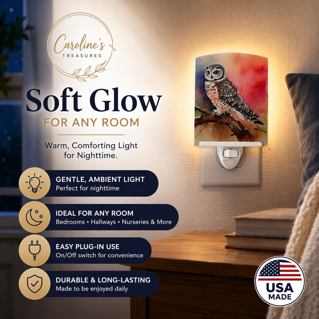 Northern Hawk Owl Perched Branch Ceramic Night Light Compact, UL-Certified, Ideal for Bedroom, Bathroom, Nursery, Hallway, Kitchen, 6x4x3, Multicolor