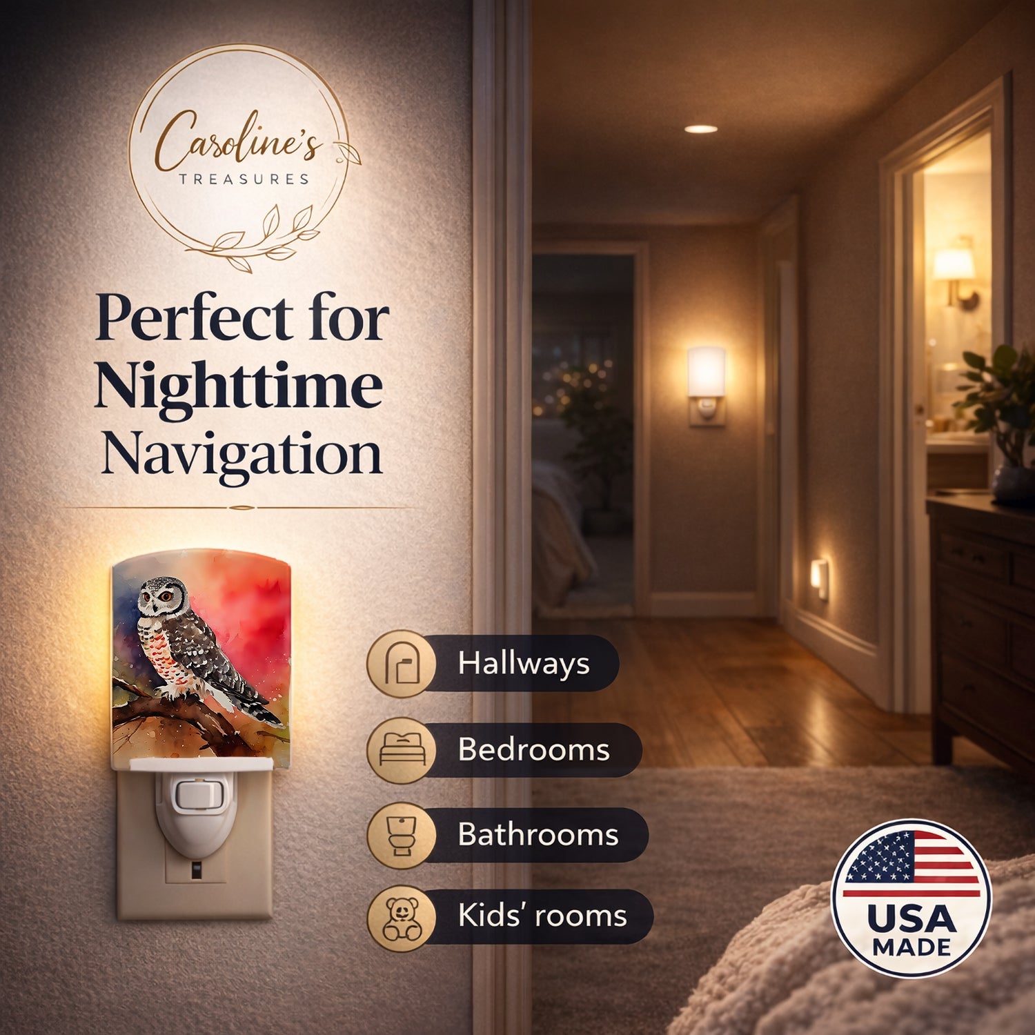 Northern Hawk Owl Perched Branch Ceramic Night Light Compact, UL-Certified, Ideal for Bedroom, Bathroom, Nursery, Hallway, Kitchen, 6x4x3, Multicolor