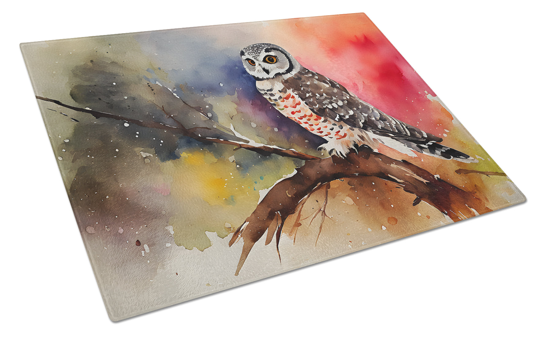 Northern Hawk Owl Perched Branch Cutting Board Tempered Glass Kitchen Cutting Surface, Heat Resistant Chopping, Non-Slip Feet, Food Prep & Serving