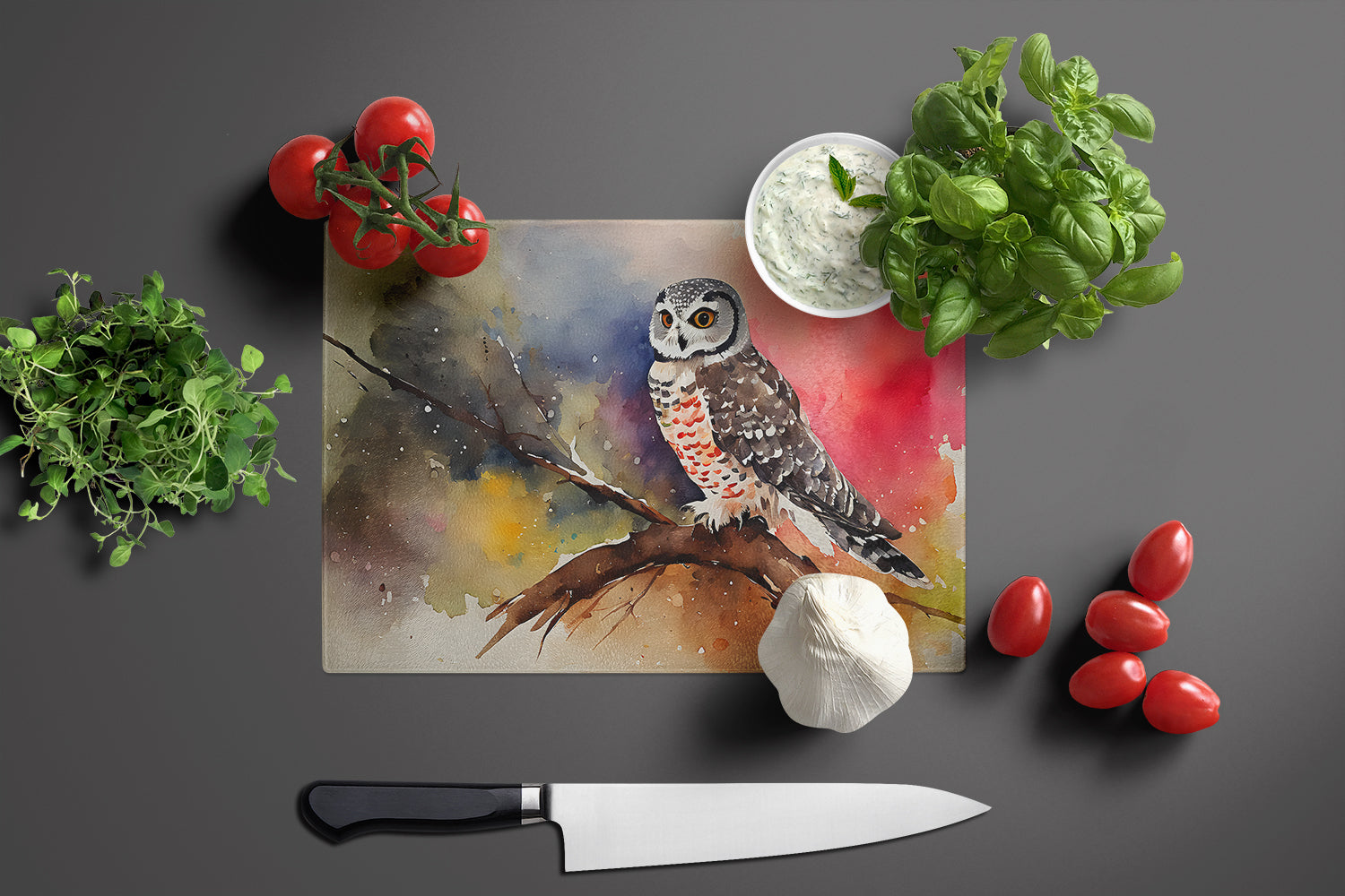 Northern Hawk Owl Perched Branch Cutting Board Tempered Glass Kitchen Cutting Surface, Heat Resistant Chopping, Non-Slip Feet, Food Prep & Serving