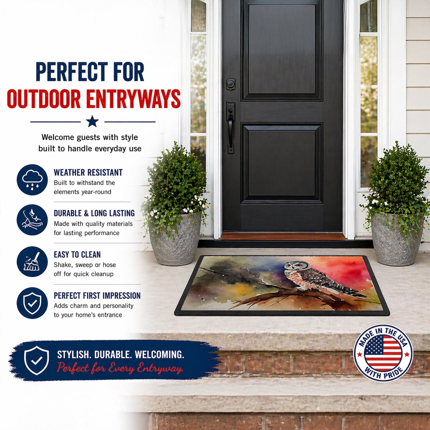 Northern Hawk Owl Perched Branch Doormat Indoor Outdoor 18H X 27W Front Door Mat Rugs for Entryway, Non Slip Washable