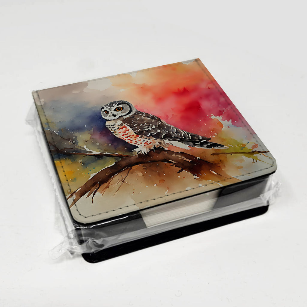 Northern Hawk Owl Perched Branch PU Leather Note Paper Holder with Artist-Designed Cover, Desk Accessory, Office Gift