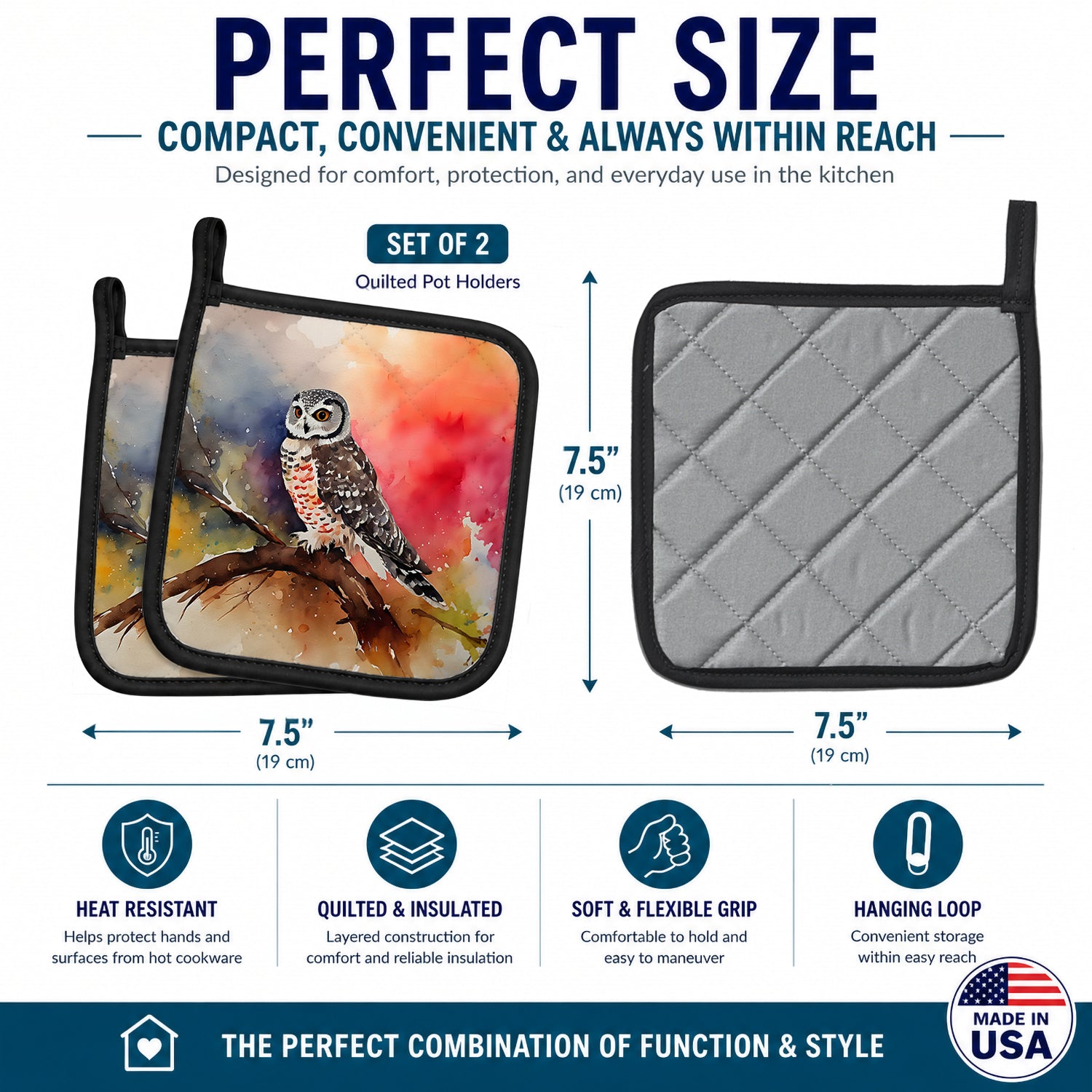 Northern Hawk Owl Perched Branch Pot Holder Set of 2 Heat Resistant Quilted Hot Pads 7.5 x 7.5 Inch, Insulated Kitchen Trivets for Cooking & Baking