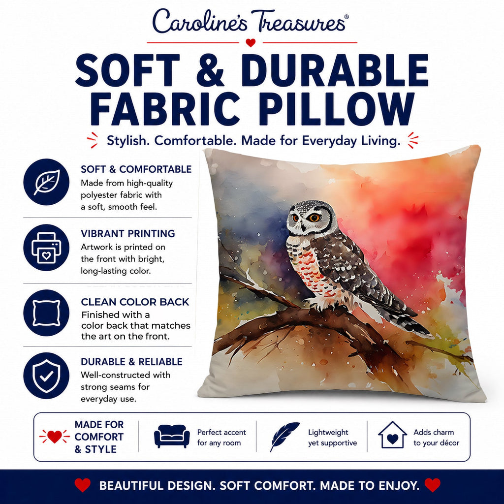 Northern Hawk Owl Perched Branch Decorative Throw Pillow 14x14 Indoor Outdoor Accent Cushion, Fabric Cover with Insert for Sofa, Bed, Porch & Living Room