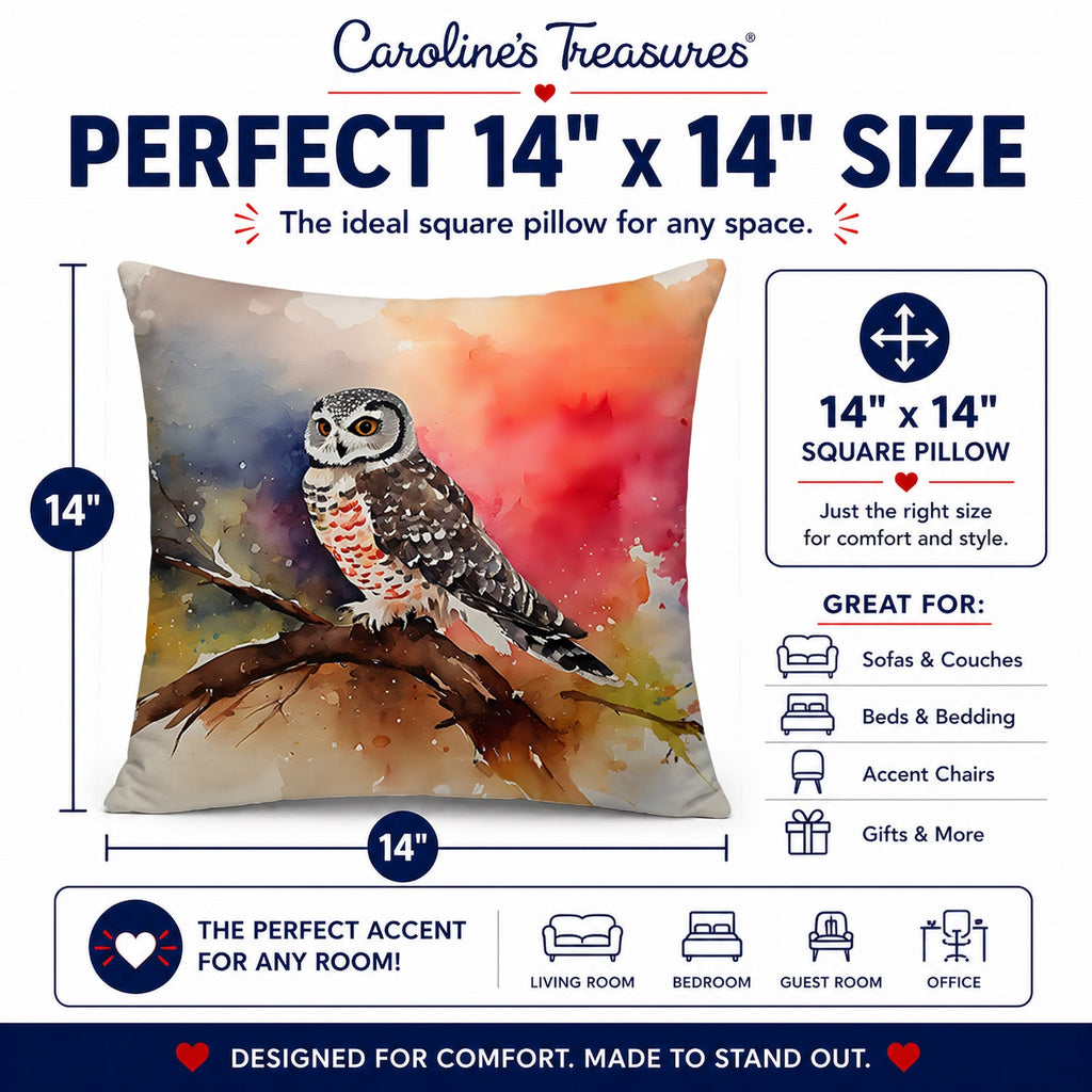 Northern Hawk Owl Perched Branch Decorative Throw Pillow 14x14 Indoor Outdoor Accent Cushion, Fabric Cover with Insert for Sofa, Bed, Porch & Living Room