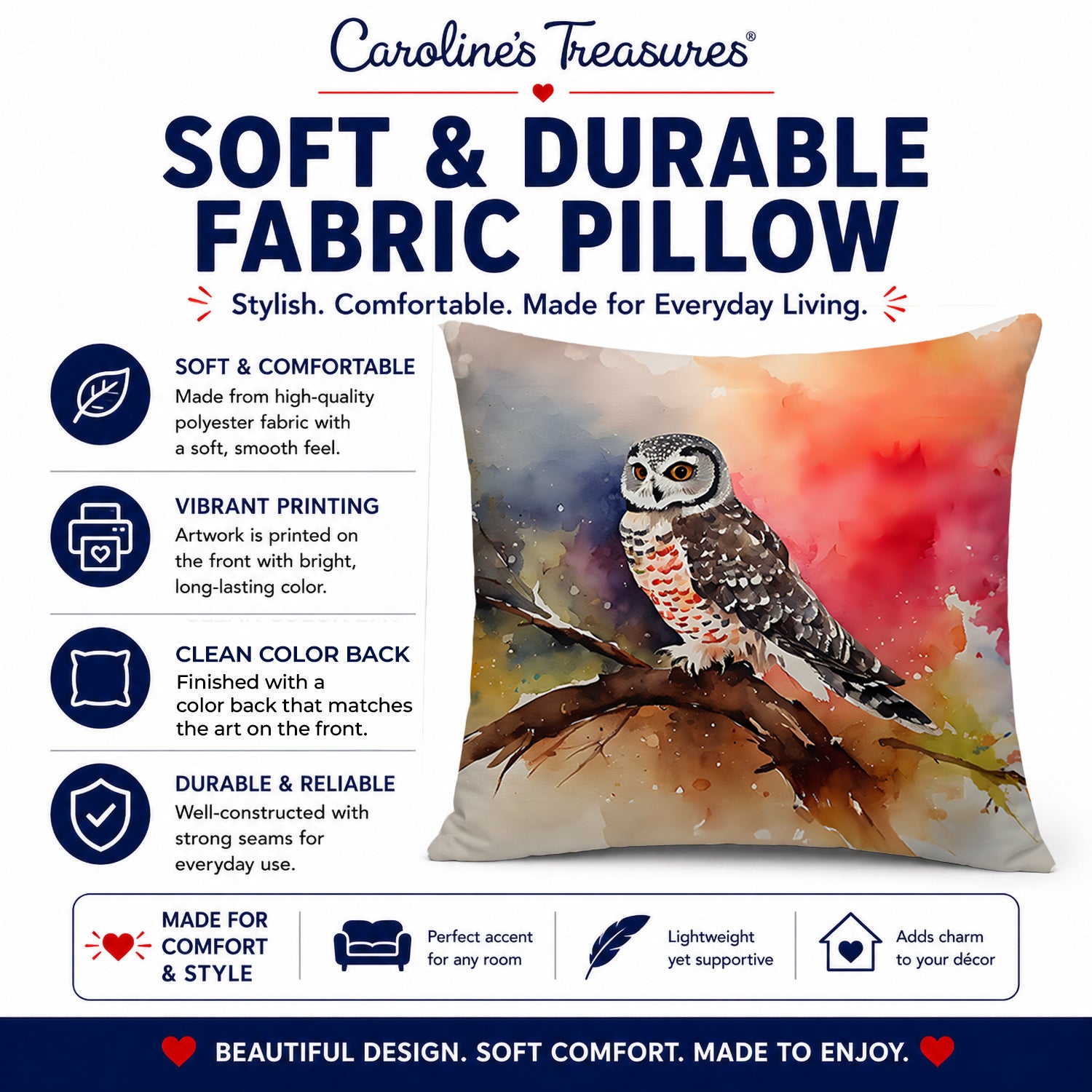 Northern Hawk Owl Perched Branch Decorative Throw Pillow 18x18 Indoor Outdoor Accent Cushion, Fabric Cover with Insert for Sofa, Bed, Porch & Living Room