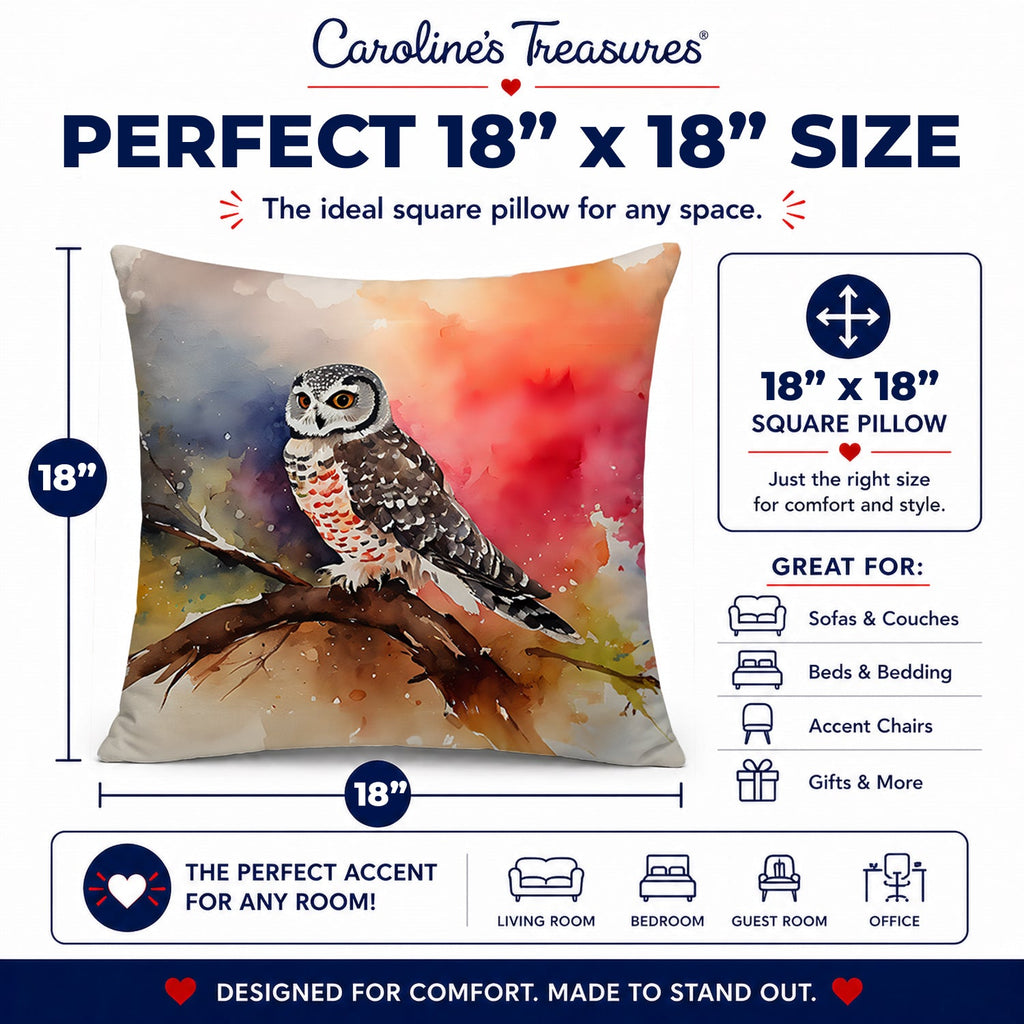 Northern Hawk Owl Perched Branch Decorative Throw Pillow 18x18 Indoor Outdoor Accent Cushion, Fabric Cover with Insert for Sofa, Bed, Porch & Living Room