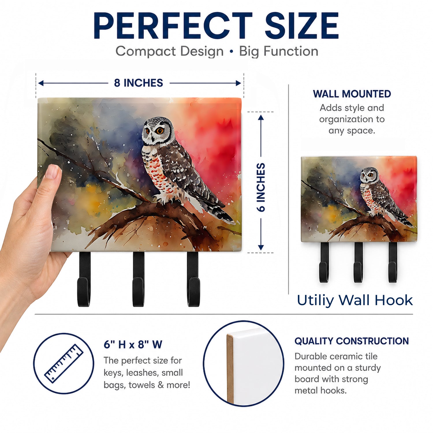 Northern Hawk Owl Perched Branch Leash or Key Holder Wall Hooks, Coat Rack Wall Mount, for Hanging Keys, Towels, Aprons, Leashes
