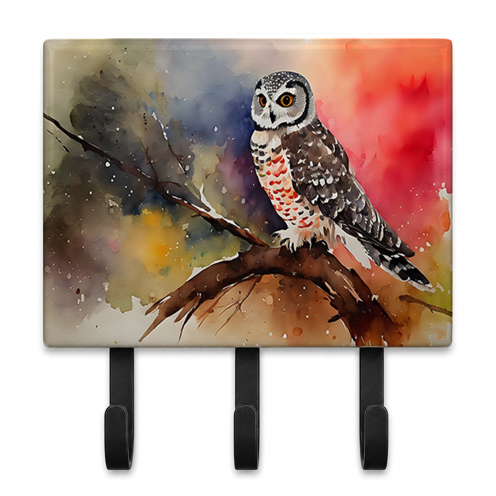 Northern Hawk Owl Perched Branch Leash or Key Holder Wall Hooks, Coat Rack Wall Mount, for Hanging Keys, Towels, Aprons, Leashes