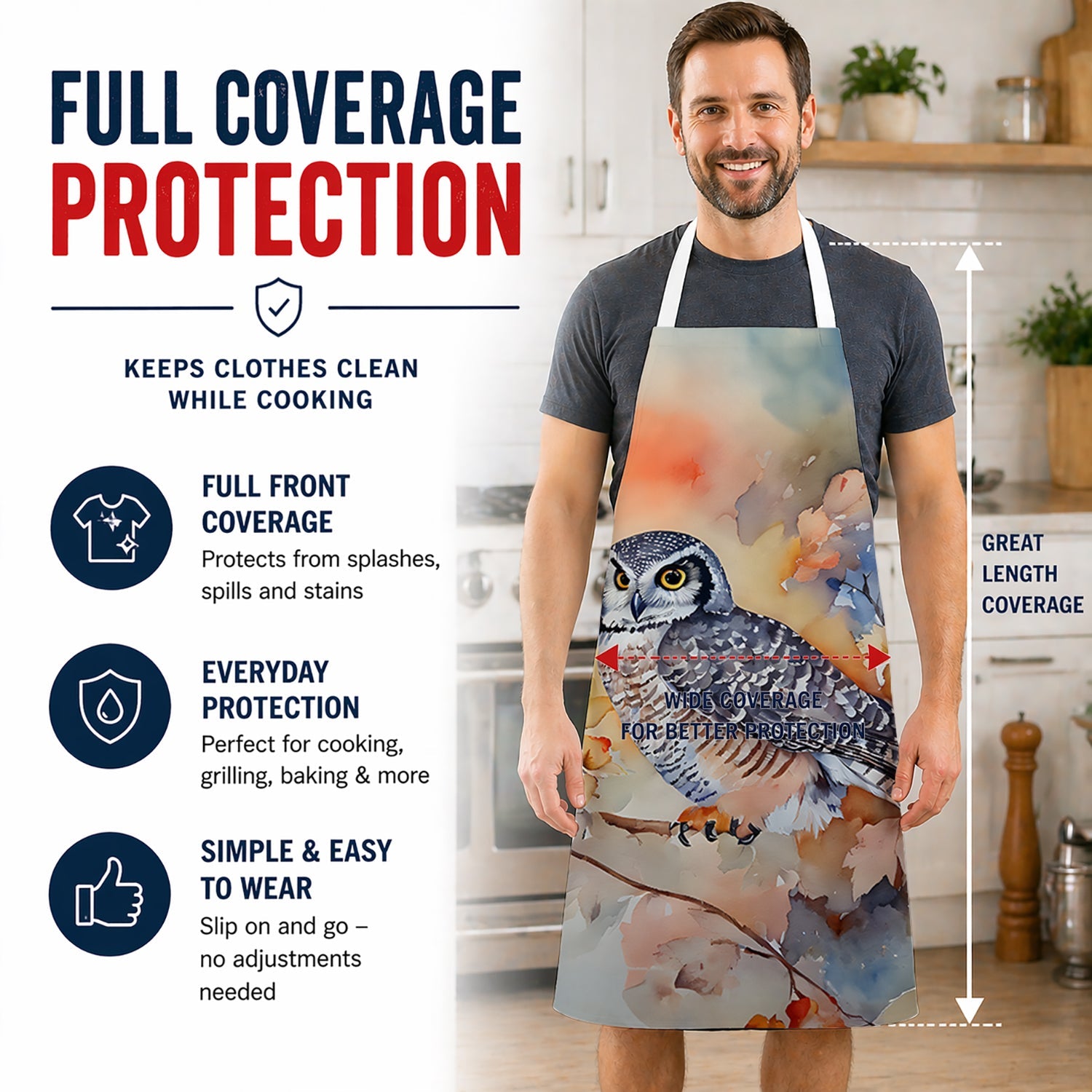 Northern Hawk Owl with Blossoms Apron Cooking Kitchen Server Baking Crafts Gardening for Adult Women Men, Unisex, Large, Multicolor
