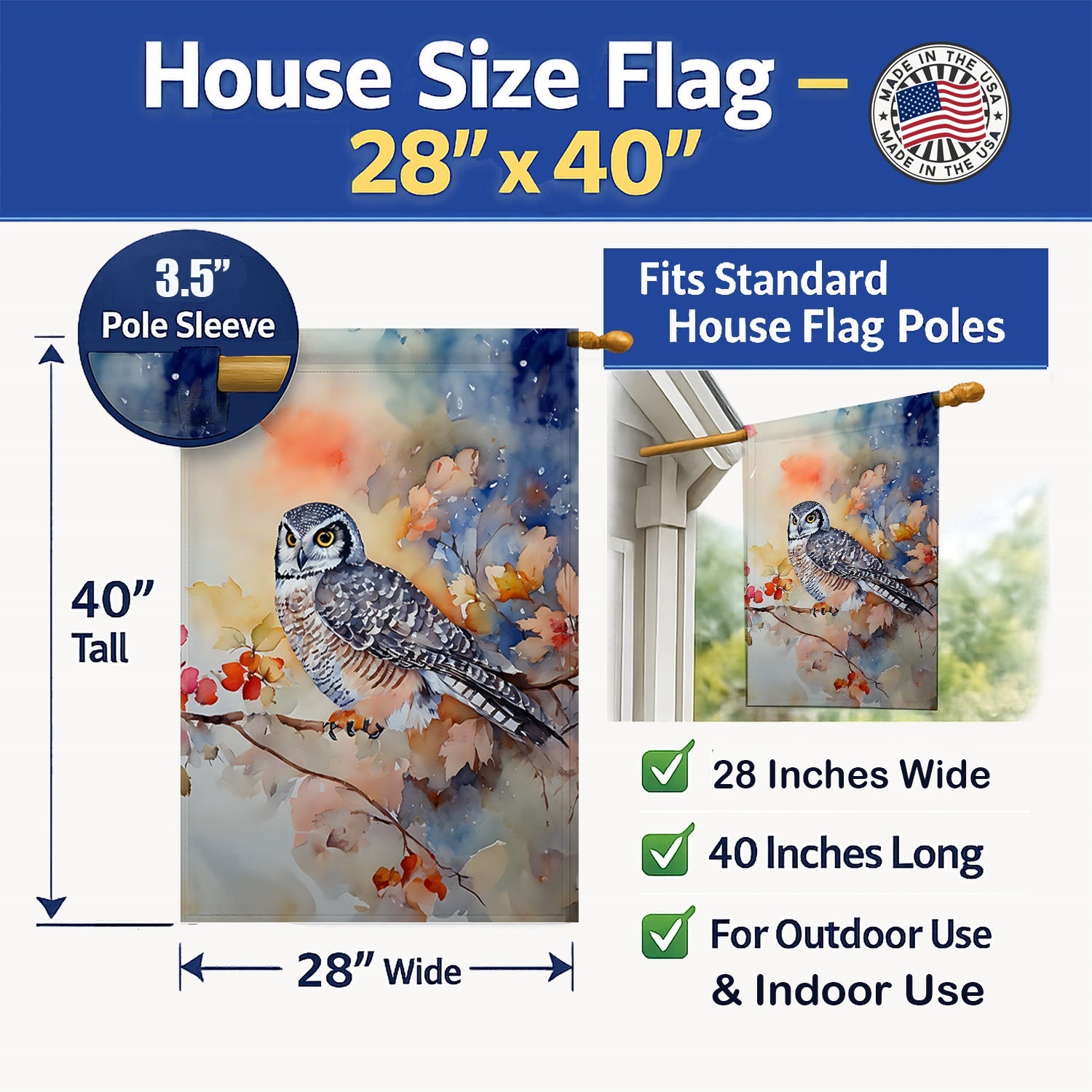 Northern Hawk Owl with Blossoms House Flag 28x40 Porch Sleeve Pole Decorative Outside Yard Banner Artwork Wall Hanging, Polyester