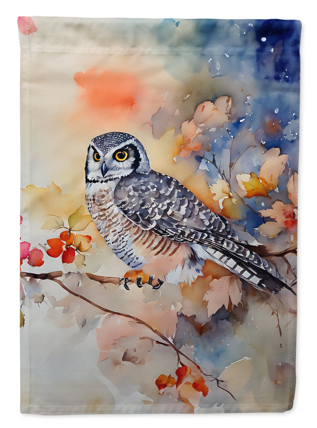 Northern Hawk Owl with Blossoms House Flag 28x40 Porch Sleeve Pole Decorative Outside Yard Banner Artwork Wall Hanging, Polyester