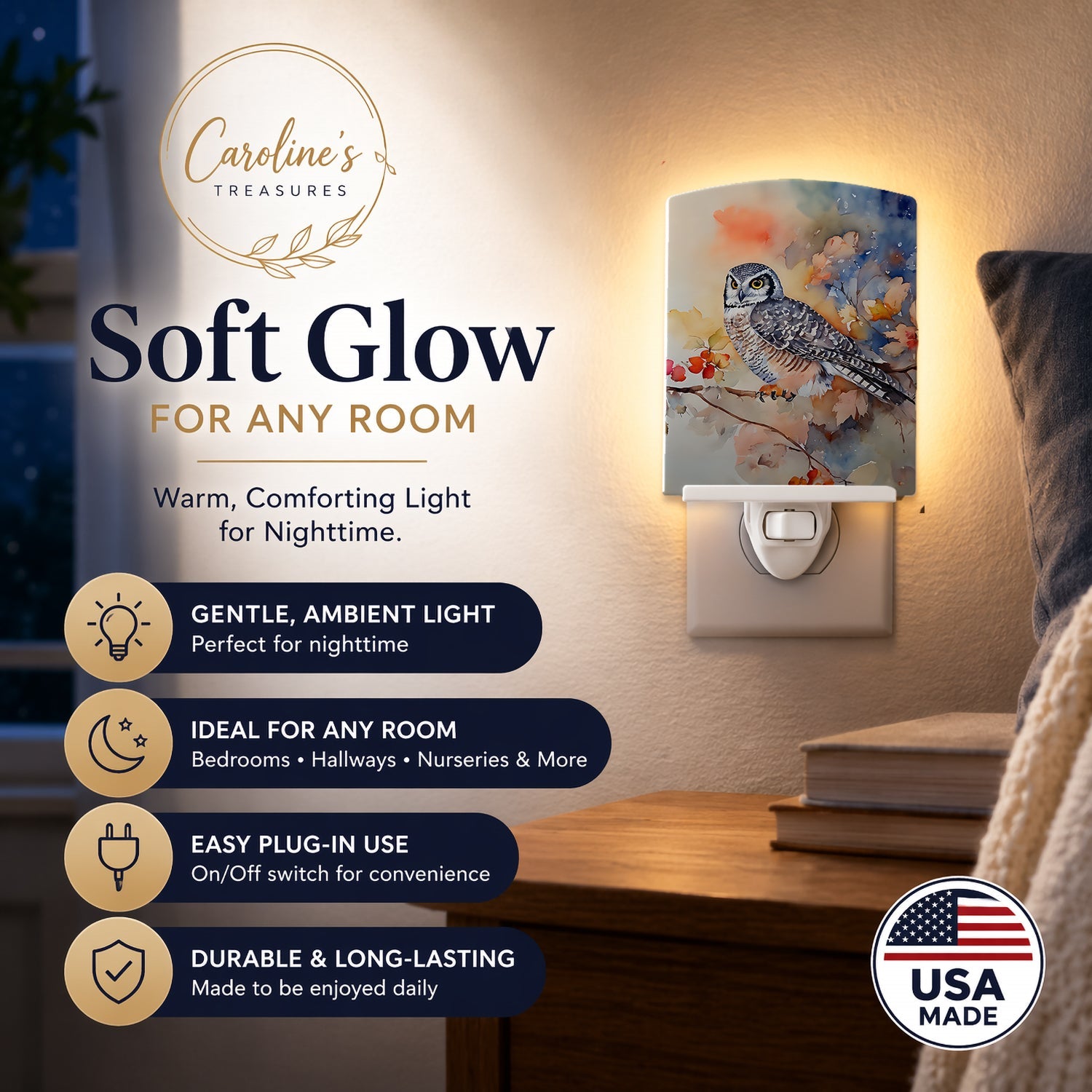 Northern Hawk Owl with Blossoms Ceramic Night Light Compact, UL-Certified, Ideal for Bedroom, Bathroom, Nursery, Hallway, Kitchen, 6x4x3, Multicolor