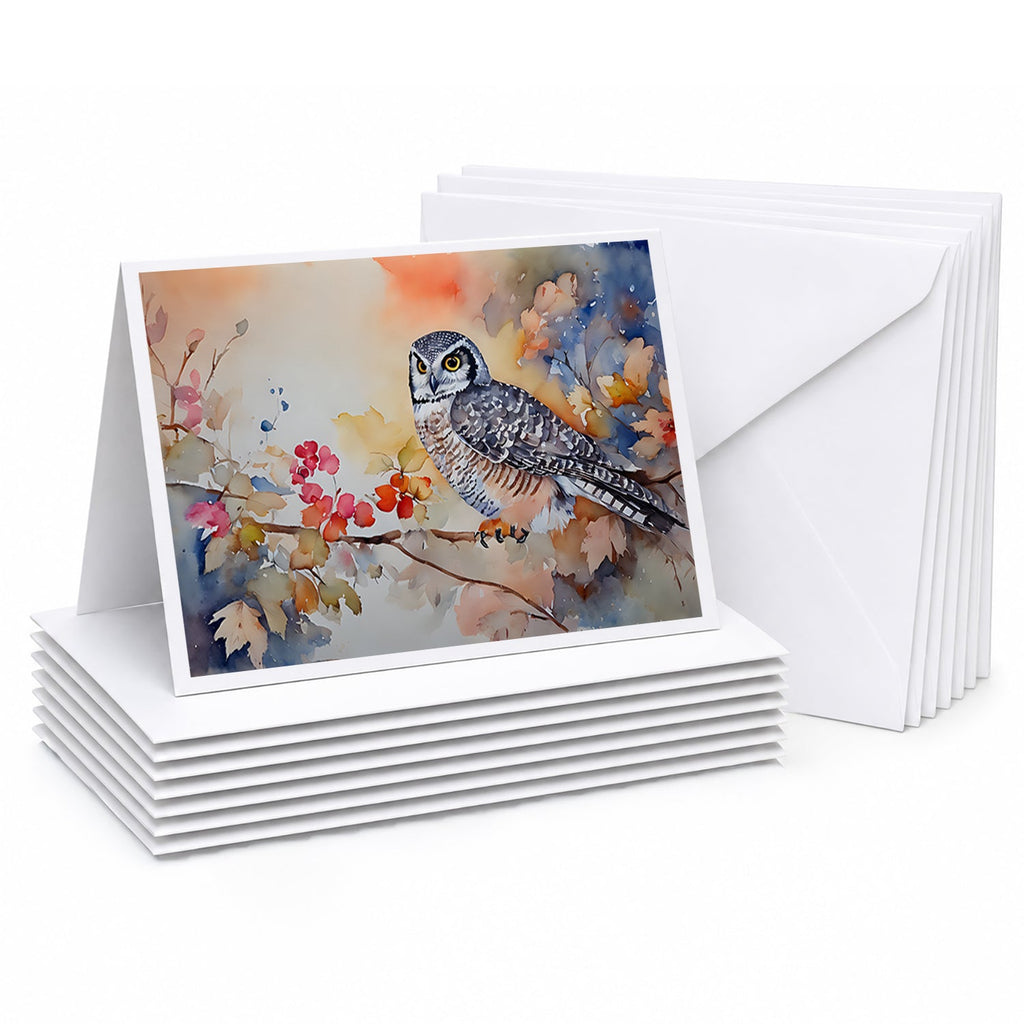 Northern Hawk Owl with Blossoms Greeting Cards Pack of 8 Blank Cards with Envelopes Whimsical A7 Size 5x7
