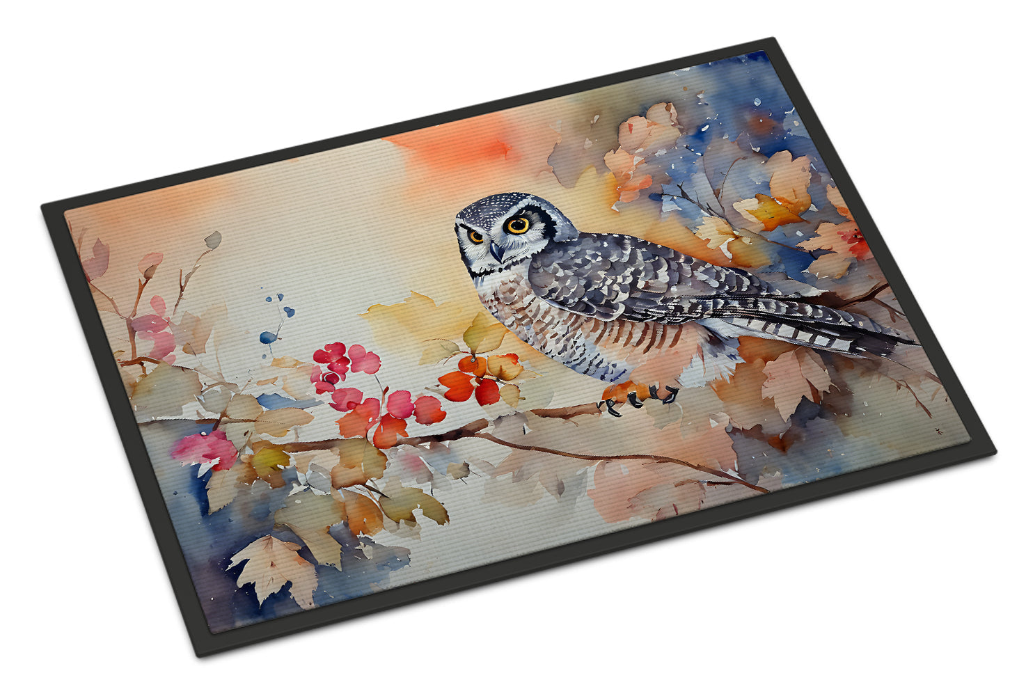Northern Hawk Owl with Blossoms Doormat Indoor Outdoor 24H X 36W Front Door Mat Rugs for Entryway, Non Slip Washable Low Pile,