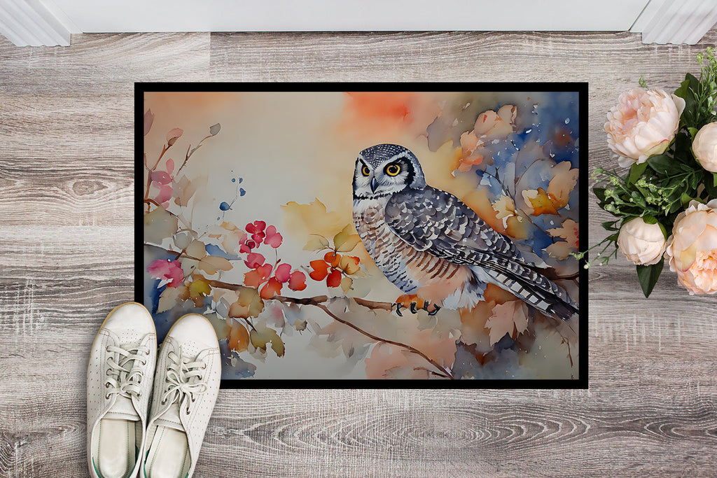 Northern Hawk Owl with Blossoms Doormat Indoor Outdoor 24H X 36W Front Door Mat Rugs for Entryway, Non Slip Washable Low Pile,