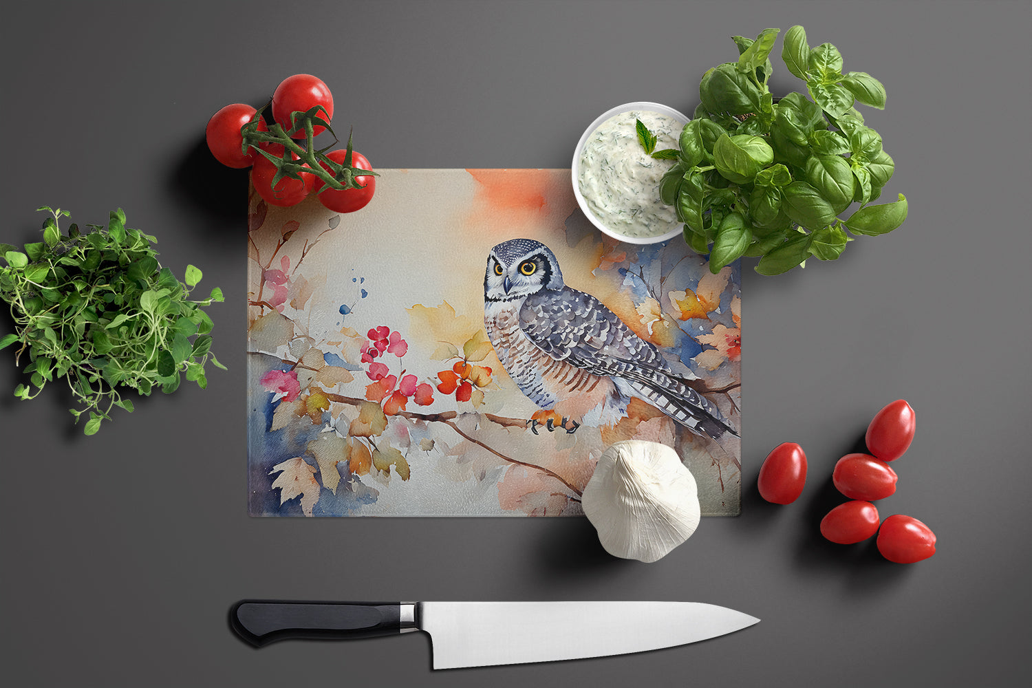 Northern Hawk Owl with Blossoms Cutting Board Tempered Glass Kitchen Cutting Surface, Heat Resistant Chopping, Non-Slip Feet, Food Prep & Serving