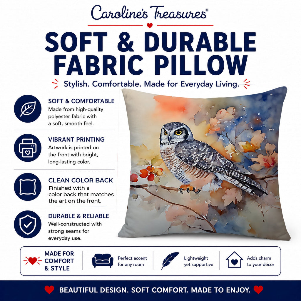 Northern Hawk Owl with Blossoms Decorative Throw Pillow 14x14 Indoor Outdoor Accent Cushion, Fabric Cover with Insert for Sofa, Bed, Porch & Living Room