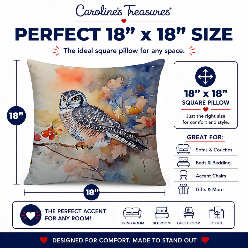 Northern Hawk Owl with Blossoms Decorative Throw Pillow 18x18 Indoor Outdoor Accent Cushion, Fabric Cover with Insert for Sofa, Bed, Porch & Living Room