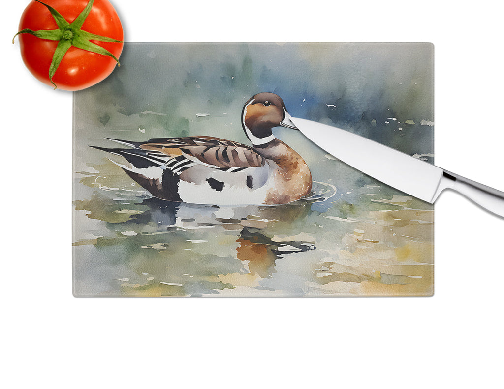 Northern Pintail Duck Swimming Cutting Board Tempered Glass Kitchen Cutting Surface, Heat Resistant Chopping, Non-Slip Feet, Food Prep & Serving