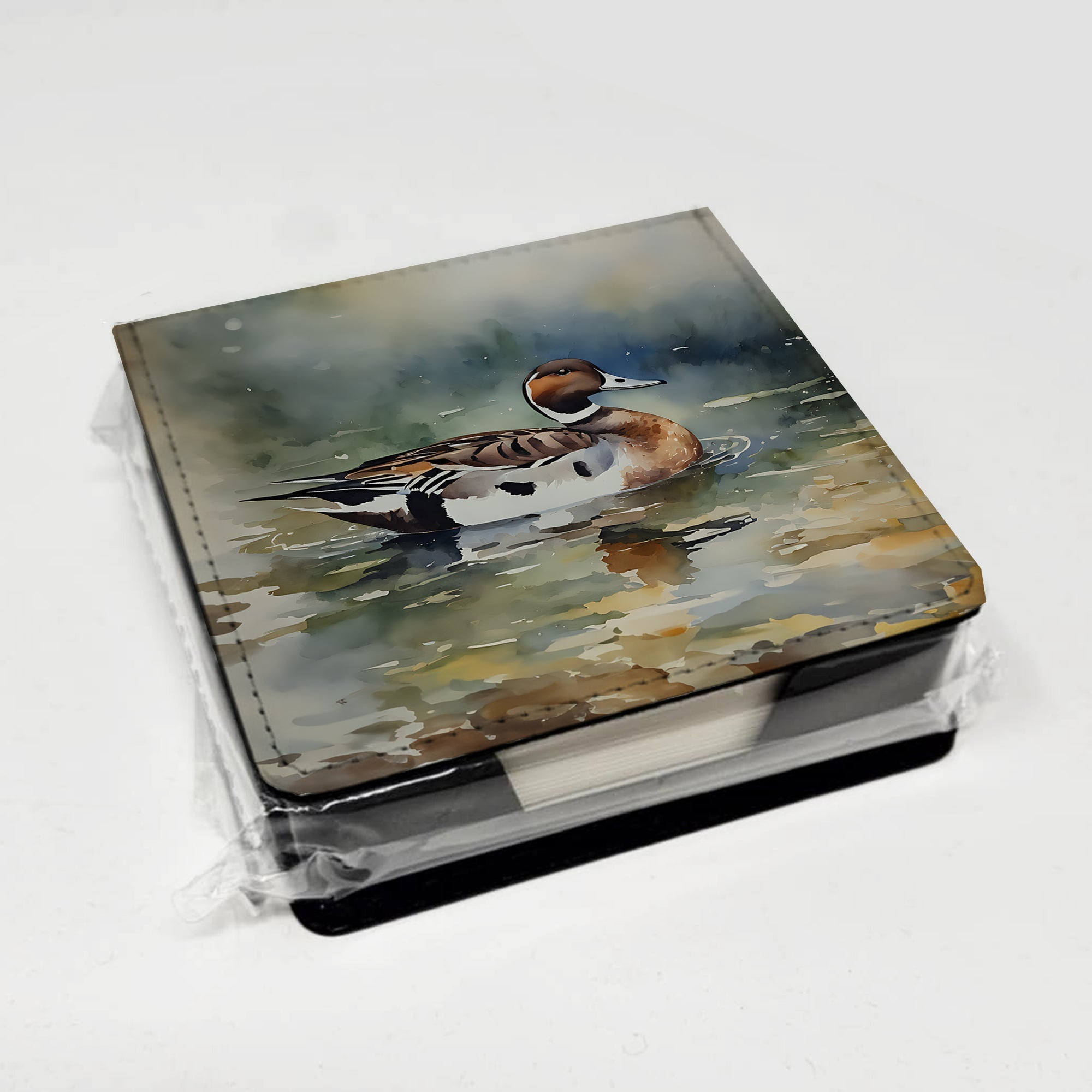 Northern Pintail Duck Swimming PU Leather Note Paper Holder with Artist-Designed Cover, Desk Accessory, Office Gift